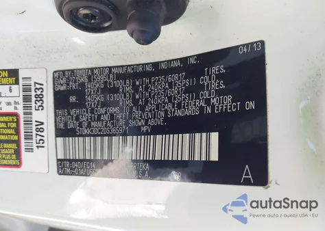 2013 Toyota Sienna Le V6 8 Passenger z USA, uszkodzony, nr VIN 5TDKK3DC2DS365971